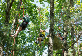 People climbing with ropes and harnesses in the treetops at Village Huttopia Sud-Ardèche in France.