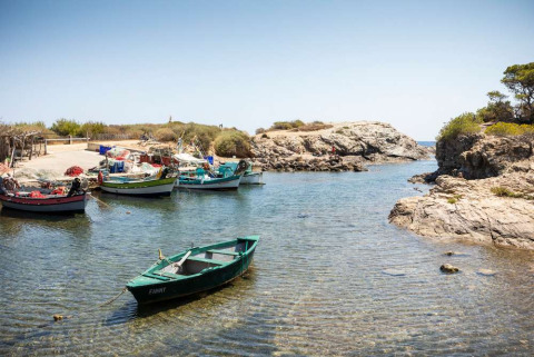 Pequeños barcos pesqueros anclados en aguas claras cerca de rocas en La Seyne-sur-Mer, Provenza, Francia.
