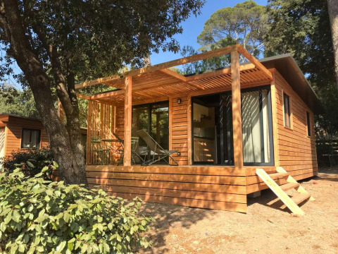 Cabaña de madera con terraza bajo los árboles en Huttopia La Forêt de Janas, Provenza-Alpes-Costa Azul, Francia.