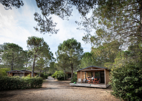 Chalet in legno immersi nella foresta a Chalet Evasion, Huttopia La Forêt de Janas in Francia, con persone fuori.