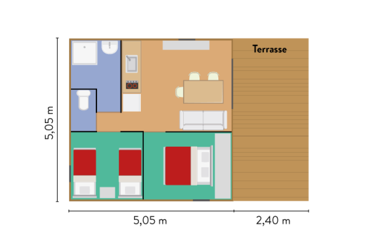 Plano del Chalet Evasion en Huttopia La Forêt de Janas, Francia, con habitaciones, baño, cocina y terraza.