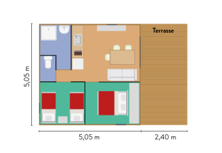 Plano del Chalet Evasion en Huttopia La Forêt de Janas, Francia, con habitaciones, baño, cocina y terraza.