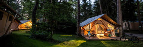 Tiendas safari iluminadas en un bosque al atardecer, con terraza de madera y sillas de camping.