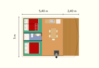 Planimetria di una tenda safari con due camere, bagno, cucina e zona pranzo, misure 5,4 x 5 m.