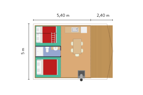 Plantegning af safaritelts interiør med soveværelser, badeværelse, køkken og spisestue, 5,4 x 5 m.