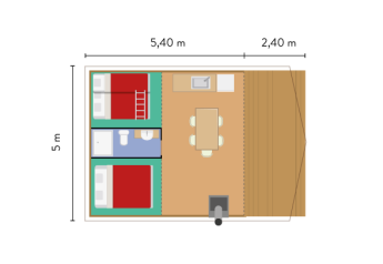 Plantegning af safaritelts interiør med soveværelser, badeværelse, køkken og spisestue, 5,4 x 5 m.