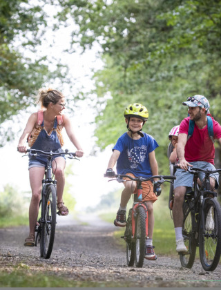 Familia montando en bicicleta por un sendero forestal en las afueras de Tupin-et-Semons, Auvergne-Rhône-Alpes.