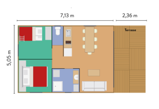 Plantegning af Chalet Toronto i Village Huttopia Pays de Condrieu, Frankrig, med terrasse og værelser.