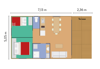 Plantegning af Chalet Toronto i Village Huttopia Pays de Condrieu, Frankrig, med terrasse og værelser.