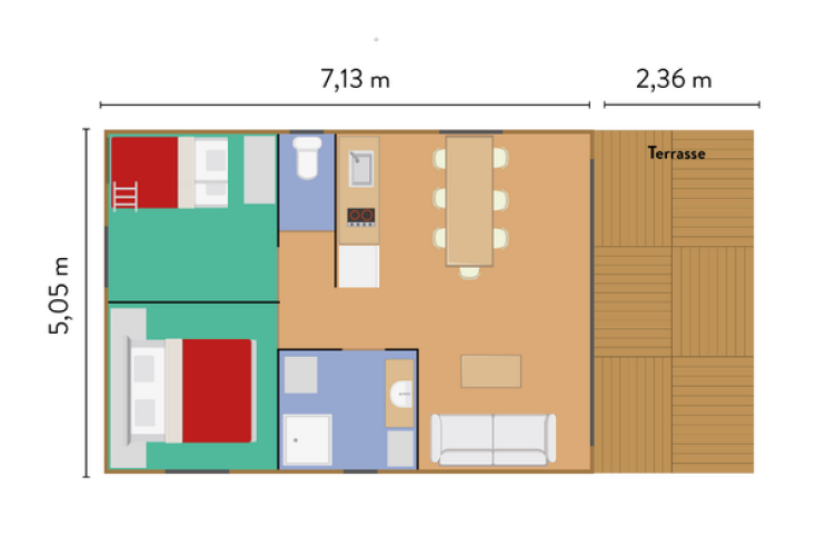 Plano del Chalet Toronto en Village Huttopia Pays de Condrieu, Francia, con terraza y distribución de habitaciones.