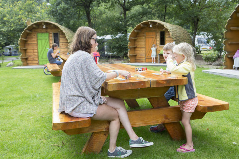 Una mujer y dos niños juegan a las cartas en una mesa de madera en Veluwecamping De Pampel, Gelderland, Países Bajos.
