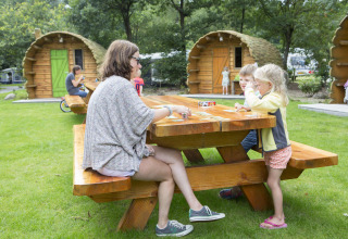 Una mujer y dos niños juegan a las cartas en una mesa de madera en Veluwecamping De Pampel, Gelderland, Países Bajos.