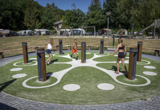 Niños juegan en un parque interactivo con columnas en Veluwecamping De Pampel, en Gelderland, Países Bajos.