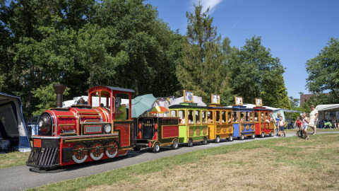 Tren infantil de colores circula por Veluwecamping De Pampel, rodeado de familias, tiendas y naturaleza.