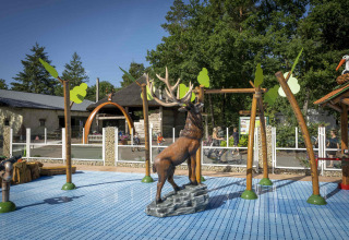Kindvriendelijke speeltuin met hertenbeeld en speeltoestellen in Veluwecamping De Pampel, Gelderland, Nederland.