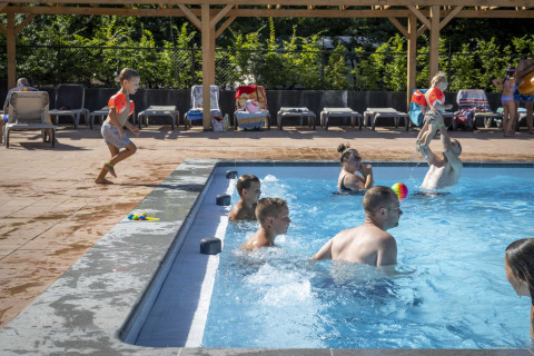 Bambini e adulti giocano nella piscina del villaggio Veluwecamping De Pampel a Gelderland, Paesi Bassi.