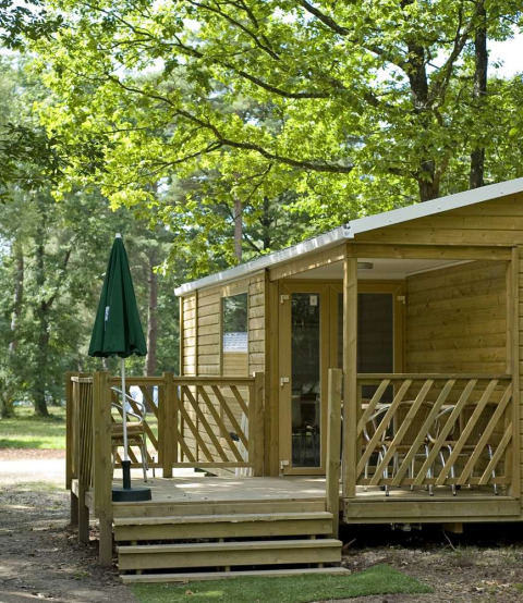 Mobilhytte Cottage ved Huttopia Millau i Frankrig, omgivet af træer og med en træveranda og parasol.