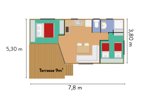 Plantegning af Mobile home Cottage ved Huttopia Millau, viser layout, møbler og terrassestørrelse.