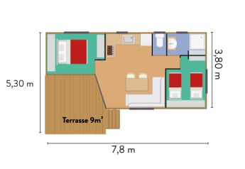 Plantegning af Mobile home Cottage ved Huttopia Millau, viser layout, møbler og terrassestørrelse.