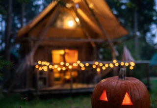 Una zucca intagliata illuminata si trova davanti a una baita con luci decorative nel bosco al crepuscolo.