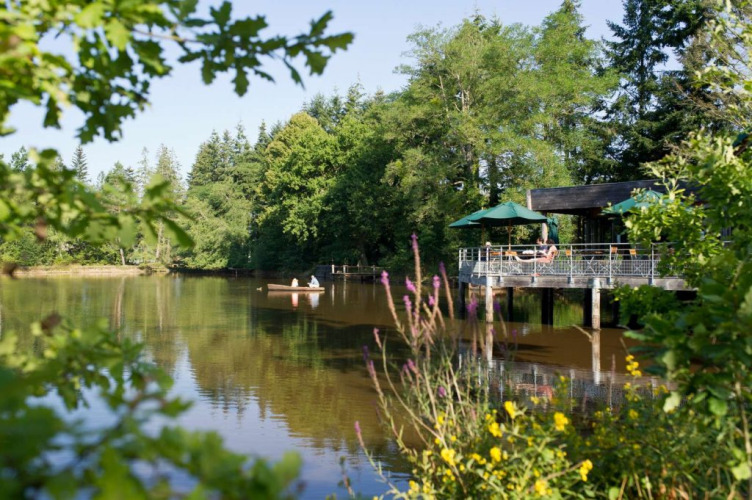 View of the lake at Village Huttopia Senonches, with a terrace, boat, and lush green trees all around.