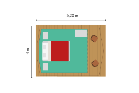 Grundriss des Bonaventure-Tipizelts mit den Maßen 5,20 m x 4 m, Bett, Kissen und Stühlen.
