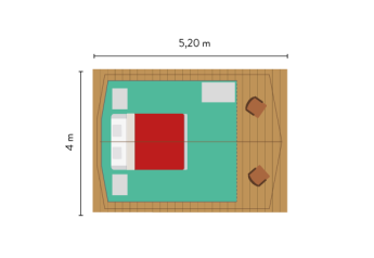 Grundriss des Bonaventure-Tipizelts mit den Maßen 5,20 m x 4 m, Bett, Kissen und Stühlen.