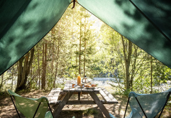 Vista desde el interior de una tienda tipi llamada Bonaventure hacia una mesa de picnic y bosque soleado.