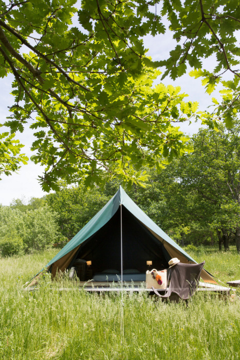 La tenda tipi Bonaventure al Village Huttopia Sud-Ardèche in Francia, immersa nel prato e tra alberi verdi.
