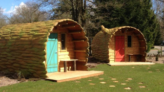Two unique log cabins shaped like hollowed tree trunks with colored doors, set in a lush, green woodland area.