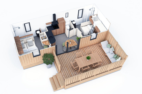 3D plan van de SunLodge Katsura met twee slaapkamers, leefruimte, keuken en houten terras met meubels.