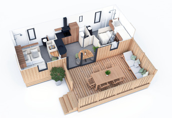 3D plan van de SunLodge Katsura met twee slaapkamers, leefruimte, keuken en houten terras met meubels.