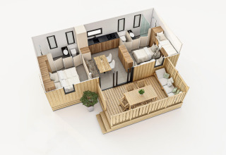 Plano 3D de SunLodge Babul en Camping Gasparina, Italia, con diseño moderno y amplia terraza exterior.