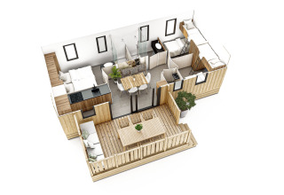 Plano 3D de SunLodge Sabai en Camping Gasparina, Italia, con interiores modernos y terraza exterior amueblada.