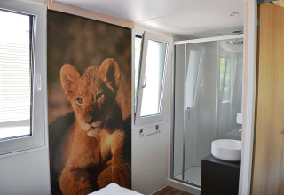 Vista interna della SunLodge Sabai al Camping Gasparina in Italia con murale di leoncino e bagno moderno.
