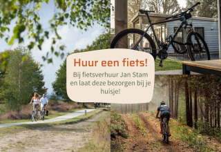 Tres imágenes: ciclistas en la naturaleza, una bicicleta junto a una cabaña y un anuncio holandés de alquiler de bicicletas.