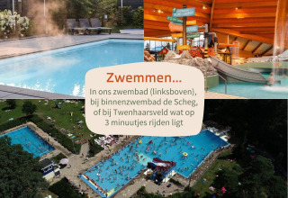 Collage of pools: outdoor heated pool, indoor waterpark with slides, and aerial of two outdoor pools.