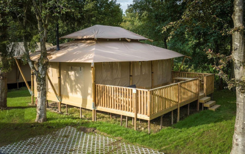 Tienda safari Stardust 40 Family Lodge con terraza de madera en un camping verde y arbolado en verano.