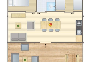 Plattegrond van het Stardust 40 Family Lodge safaritent in Petite Suisse, België, met leef- en slaapruimtes.