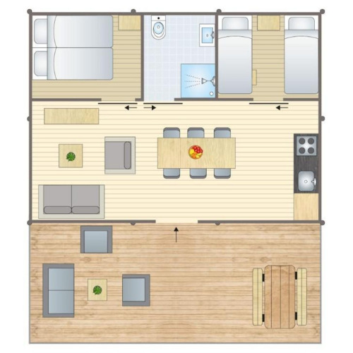 Plano del safari tent Stardust 40 Family Lodge en Petite Suisse, Bélgica, con zonas de estar y dormitorios.