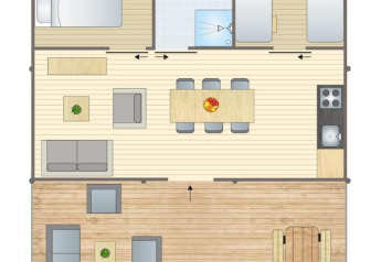 Floor plan of Stardust 40 Family Lodge safari tent at Petite Suisse, Belgium, showing living and sleeping areas.