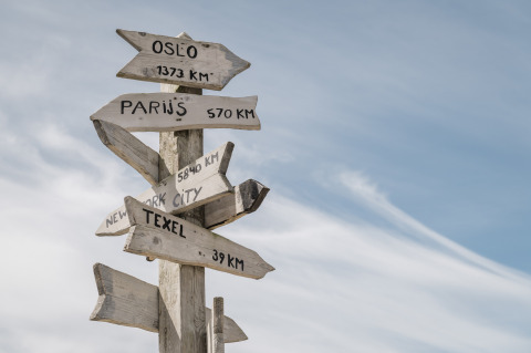 Wooden signpost showing distances to Oslo, Paris, New York City, and Texel at Duynpark Het Zwanenwater.