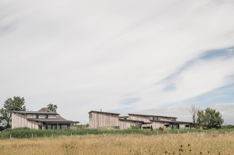 Chalets en bois à Duynpark Het Zwanenwater, entourés de champs verdoyants en Hollande-Septentrionale.
