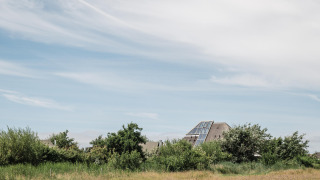 Ein modernes Haus mit großen Fenstern ragt zwischen Bäumen im Duynpark Het Zwanenwater, Nordholland, hervor.