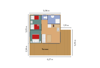 Grondplan van Chalet Evasion Vista met slaapkamers, badkamer, leefruimte en terras, afmetingen in meters.