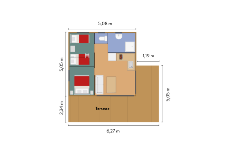 Plattegrond van Chalet Evasion Vista hut met slaapkamers, badkamer, woonkamer en terras, maten in meters.
