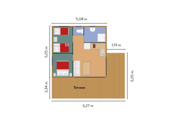 Plano de la cabaña Chalet Evasion Vista con dormitorios, baño, sala de estar y terraza, medidas en metros.