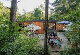 Camping Huttopia De Veluwe, Gelderland, Pays-Bas : terrasse animée, tables extérieures et cadre forestier verdoyant.