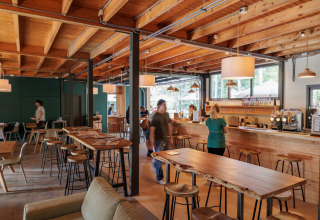 Moderne restaurantinteriør med træmøbler og synlige loftsbjælker på Camping Huttopia De Veluwe i Nederlandene.