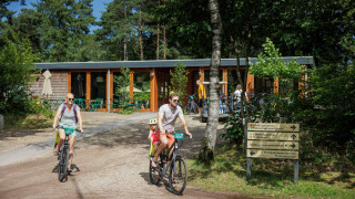Familie radelt am Camping Huttopia De Veluwe in Gelderland, Niederlande, mitten in der Natur.